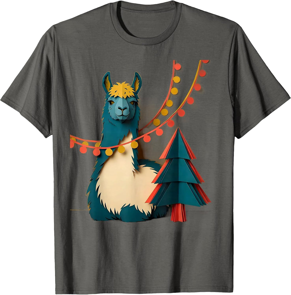 Seated Llama Paper Cutout Funny Christmas Animal Lover T-Shirt - Asphalt Grey