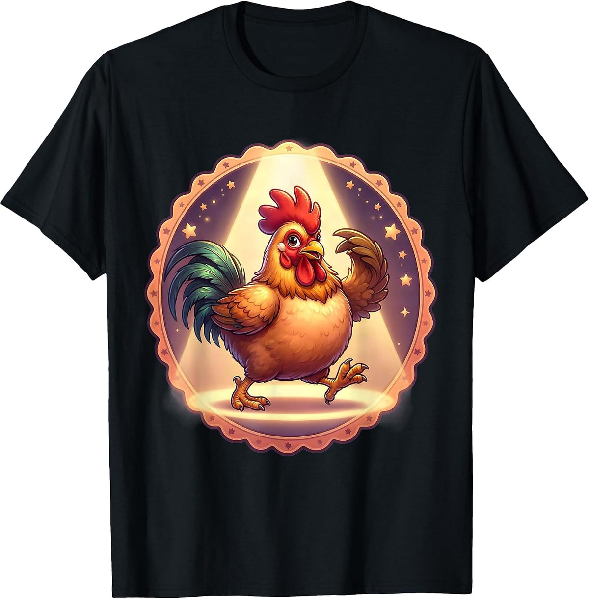 Men's Confident Rooster Strutting in Spotlight Illustration T-Shirt - Black