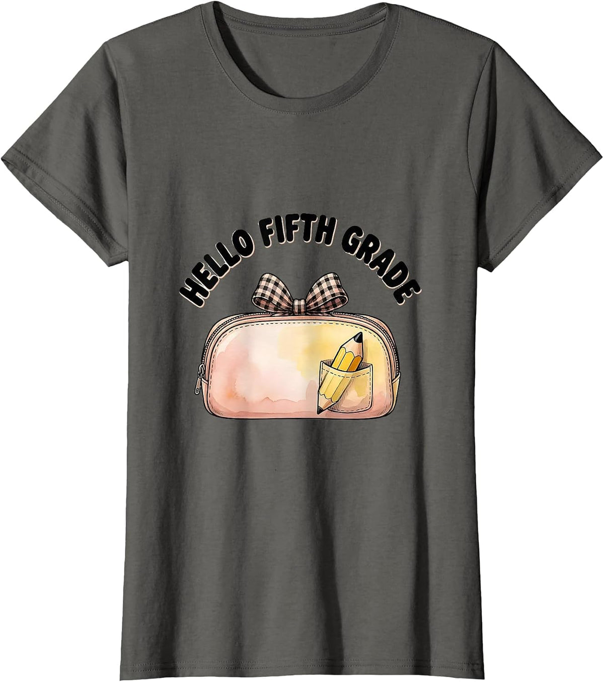 Women's Hello Fifth Grade Coquette Bow Pencil Back to School T-Shirt - Asphalt Grey