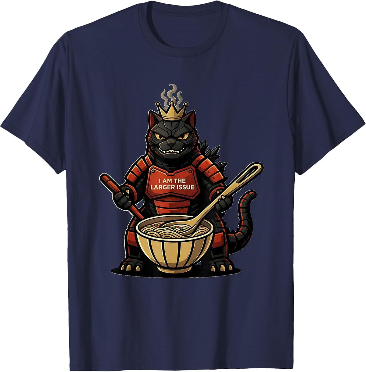 Men's I Am The Larger Issue Funny Kaiju Cat Ramen Samurai Art T-Shirt - Navy Blue