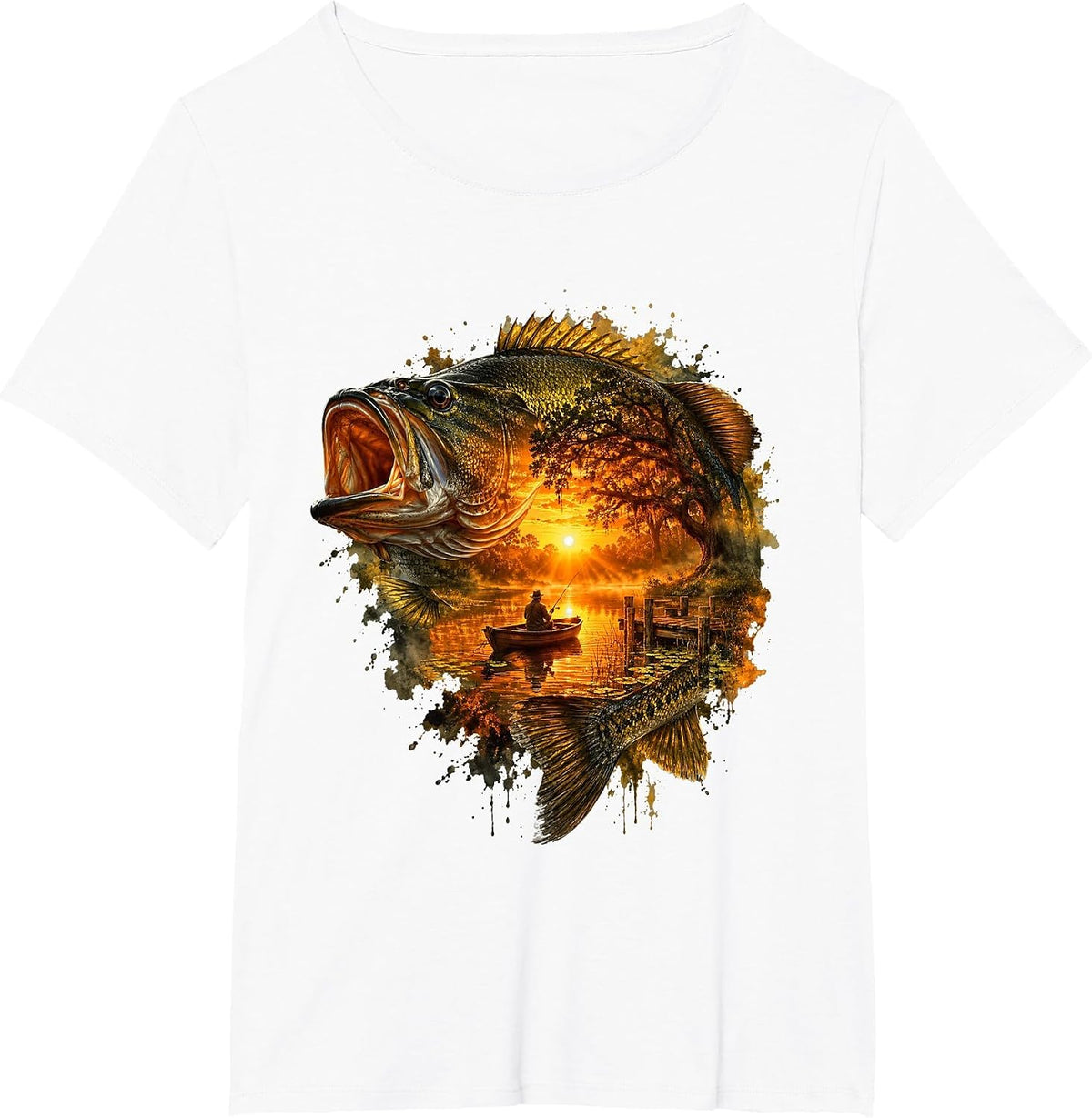 Largemouth Bass Fishing Fish Sunset Fisherman Men Women Kids T-Shirt - White