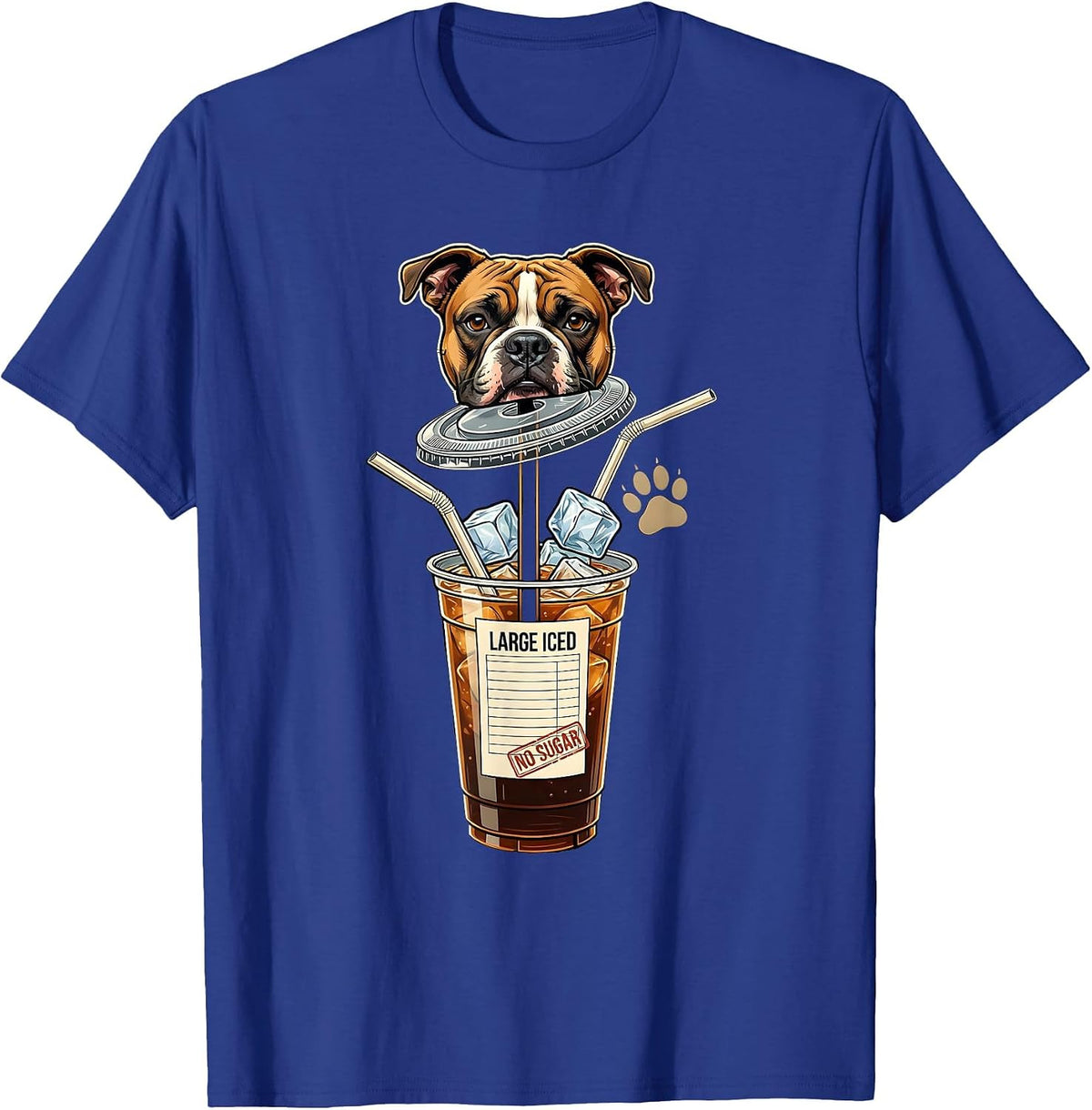 Large Iced No Sugar Funny Pitbull Drinking Iced Coffee Meme T-Shirt - Royal Blue