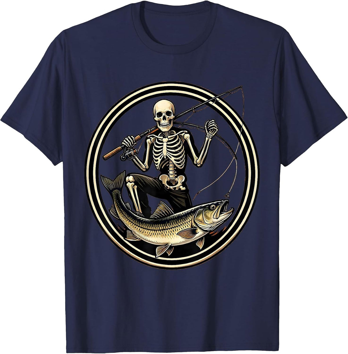 Celebratory Skeleton Angler Fishing Halloween Party T-Shirt - Navy Blue