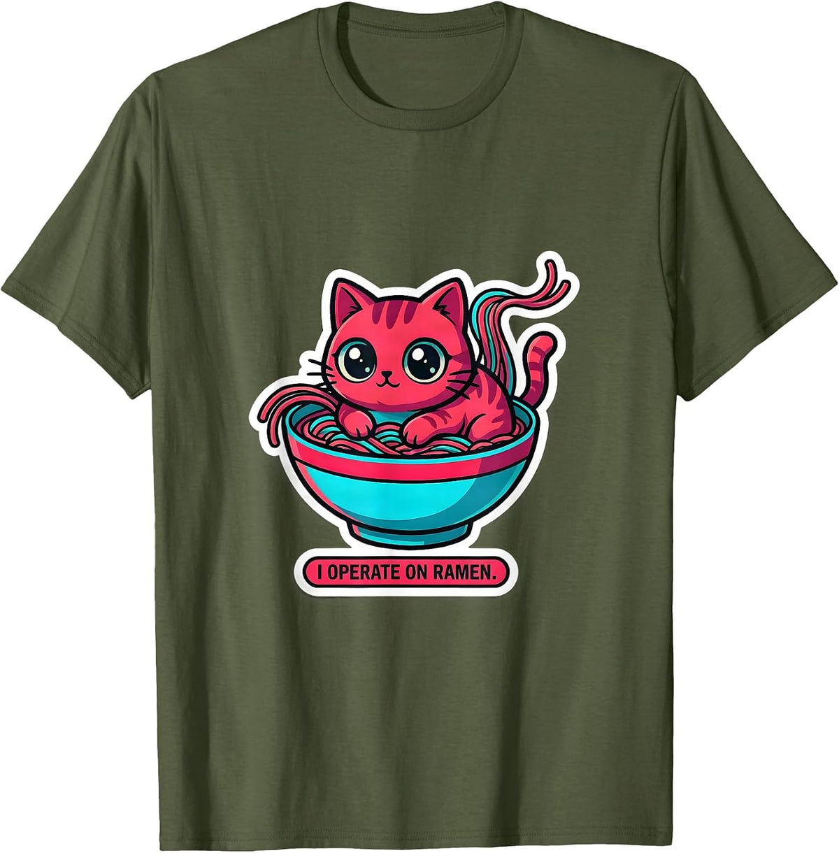 I Operate On Ramen Funny Kawaii Anime Cat Gift T-Shirt - Olive Green