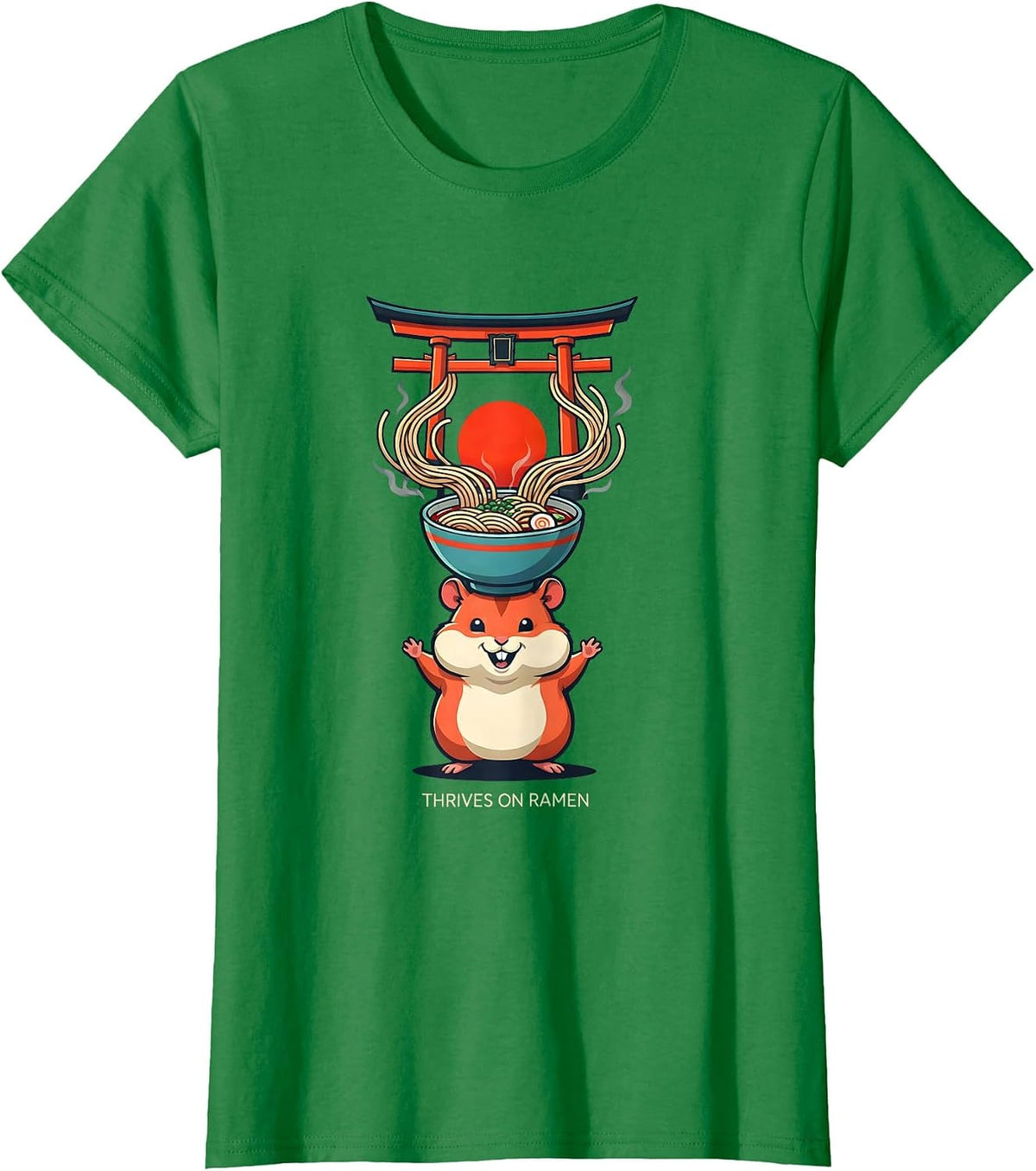Women's Thrives on Ramen Funny Hamster Anime Animal Lover Gift T-Shirt - Kelly Green