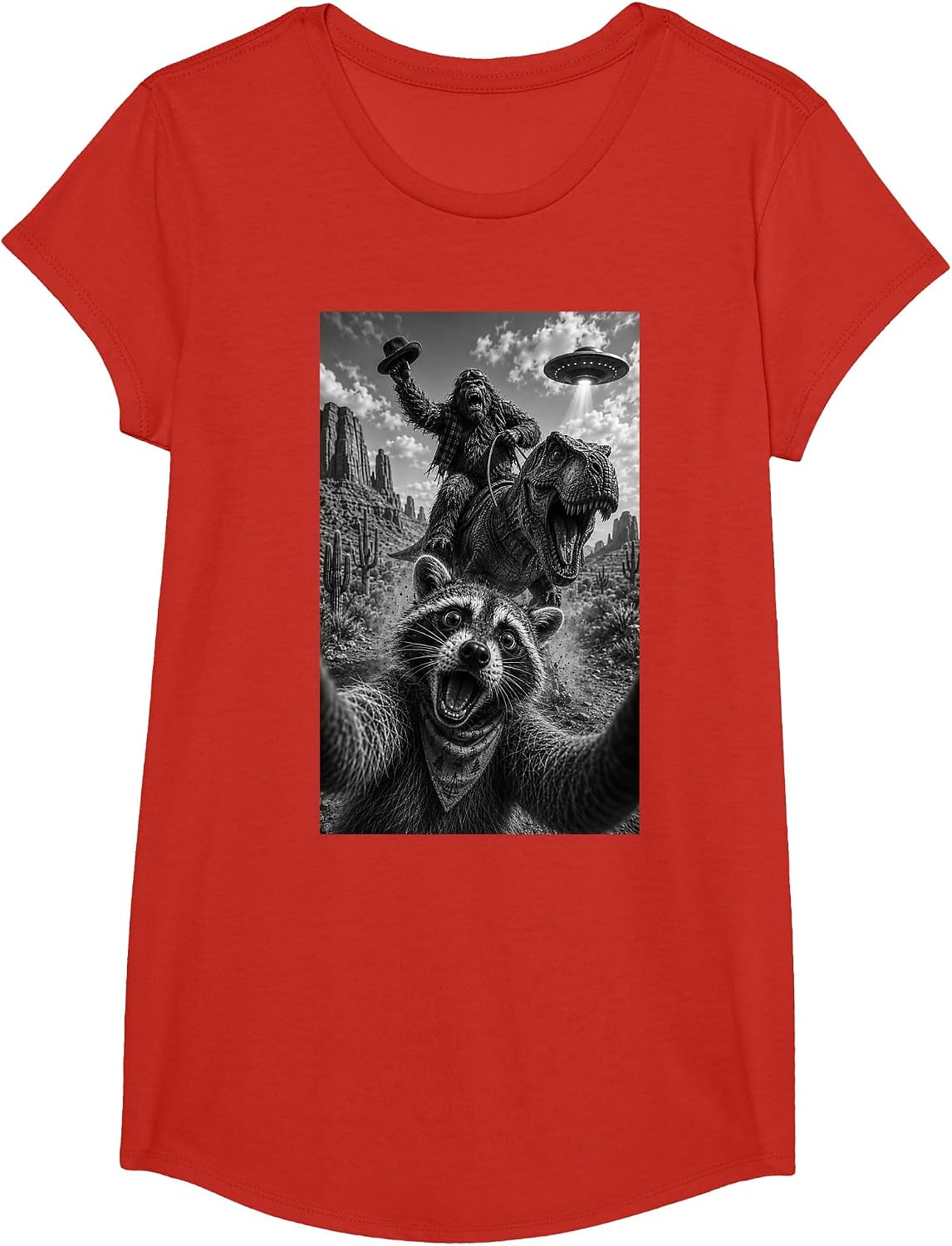 Raccoon Bigfoot T-Rex UFO Selfie T-Shirt - Girls Red
