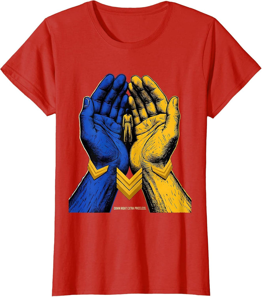 Women's Down Right Extra Priceless Linocut Down Syndrome Awareness T-Shirt - Red