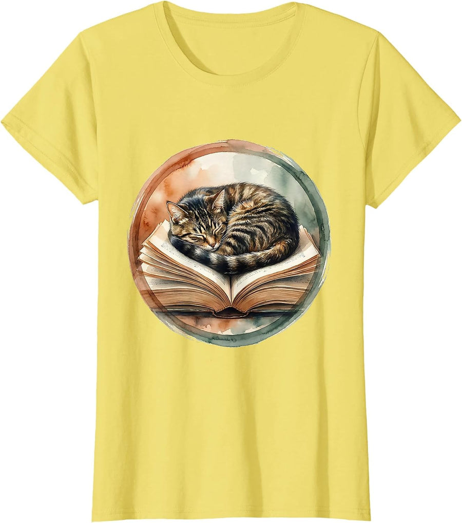Women's Cat Napping on Open Textbook Teacher Gift T-Shirt - Lemon Yellow