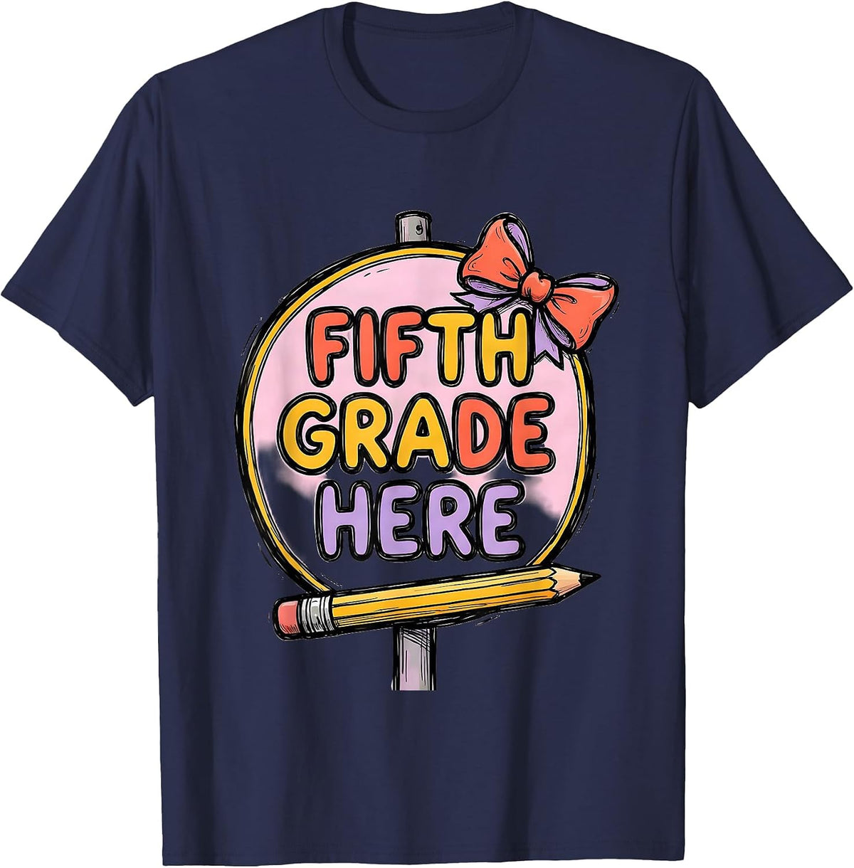 Men's Fifth Grade Here Coquette Bow Back to School Pencil Humor T-Shirt - Navy Blue