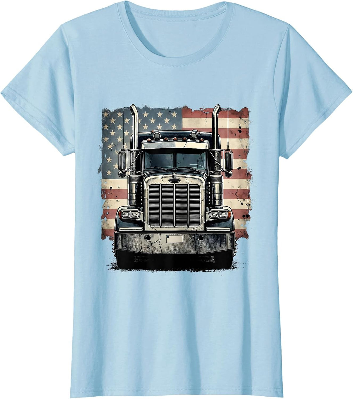 Women's American Flag Semi Truck Driver Distressed Patriotic Trucker T-Shirt - Baby Blue