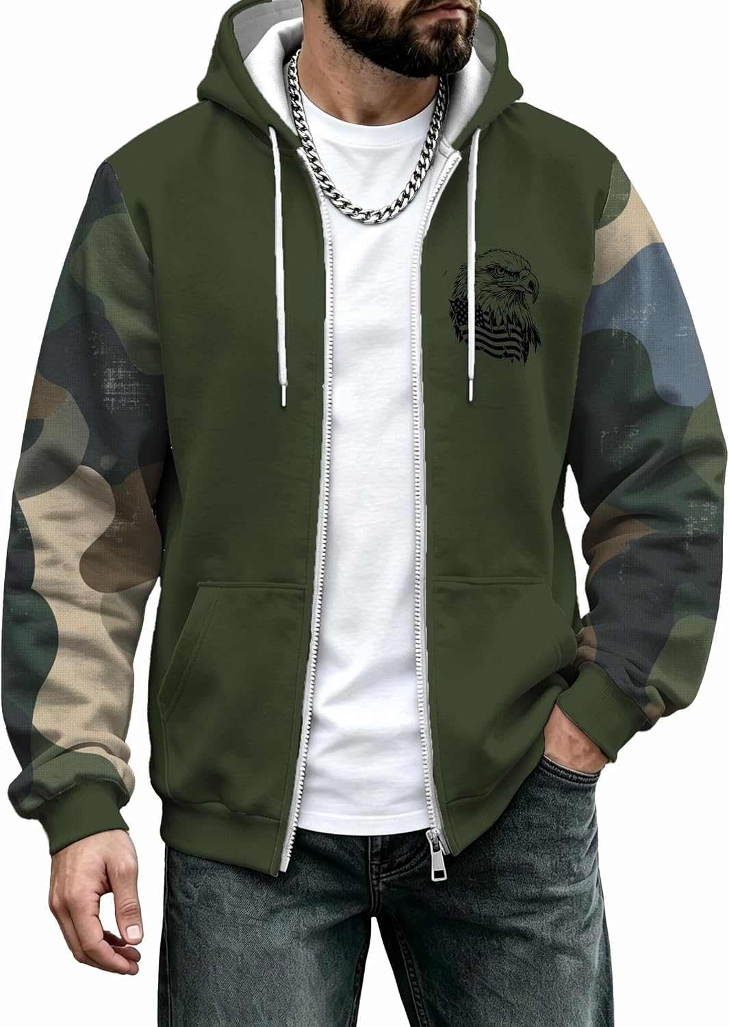 DMOYALA Mens Camo Zip Up Hoodie Hunting Fleece Jacket Western Print Oversized Long Sleeve Hooded Sweatshirt - Camo Eagle