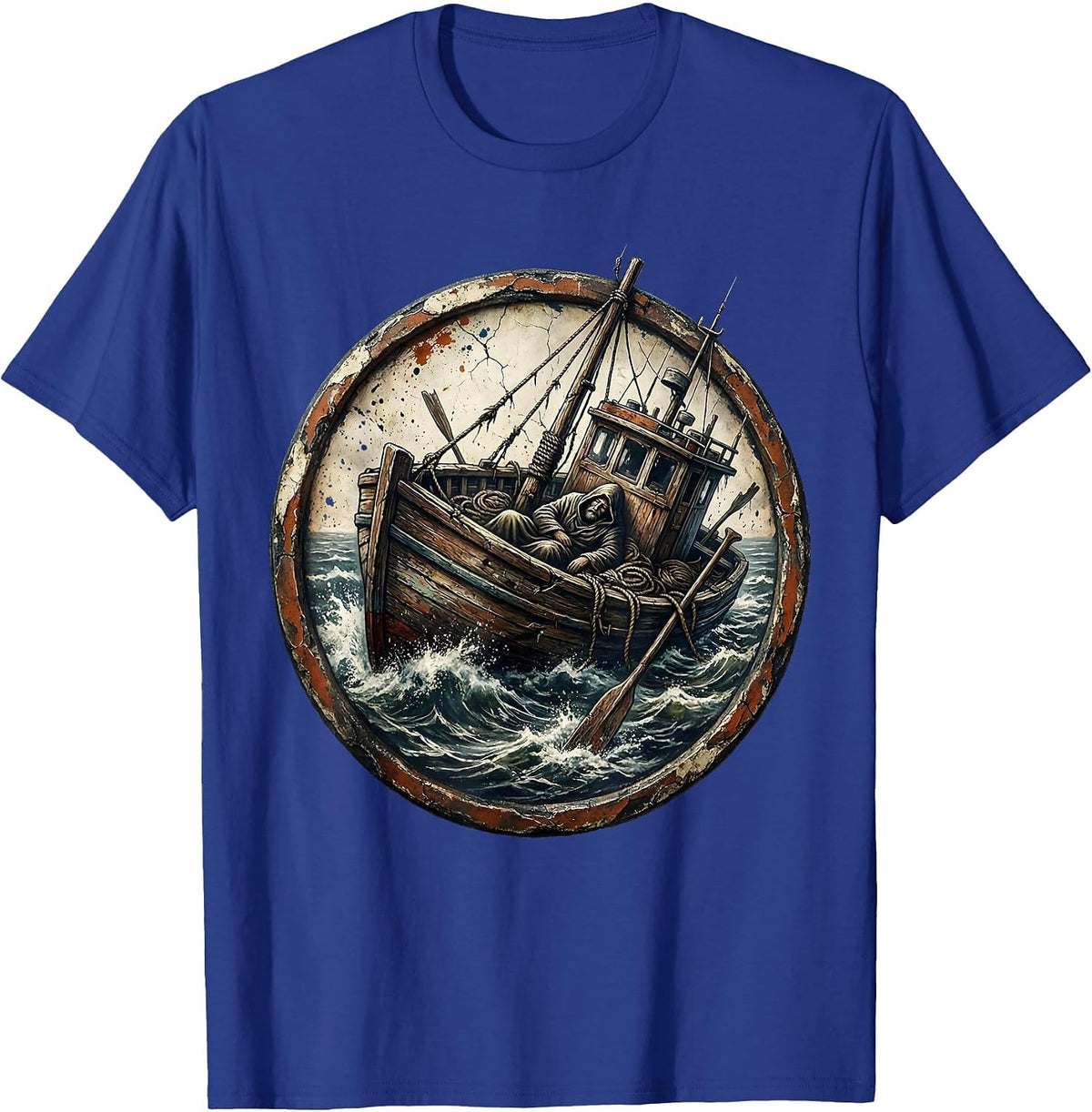 Jesus Sleeping in Storm-Tossed Boat Graphic T-Shirt - Royal Blue