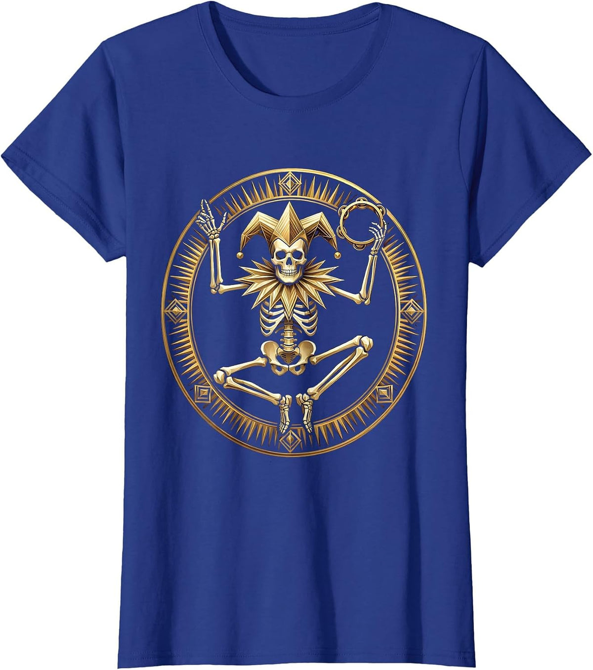 Women's Skeletal Jester Mardi Gras Dancing Tambourine T-Shirt - Royal Blue