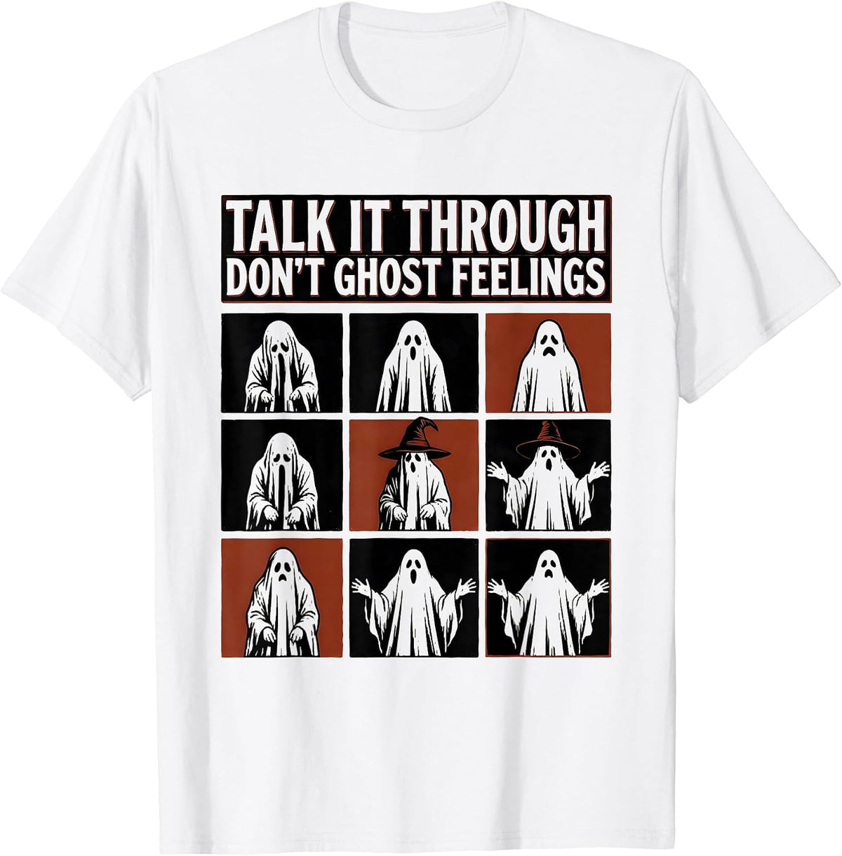 Men's Talk It Through, Don't Ghost Feelings Wood Type Letterpress T-Shirt - White