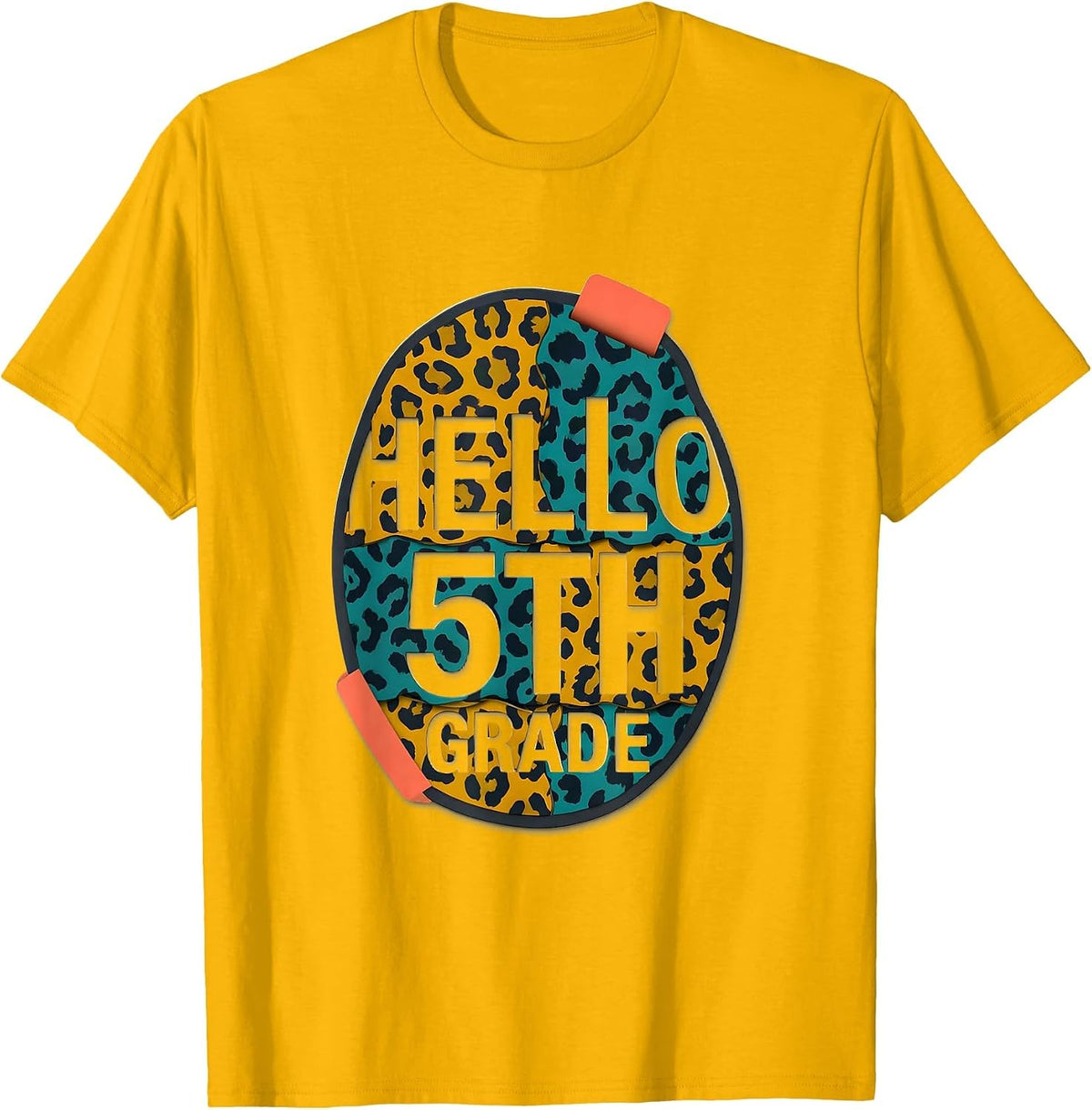 Men's Hello Fifth Grade Midcentury Modern Leopard Teacher Back T-Shirt - Golden Yellow