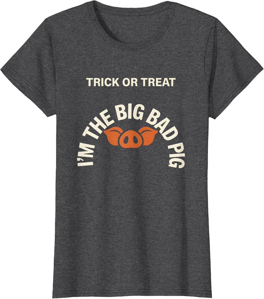Women's Trick Or Treat, I'm The Big Bad Pig Funny Pig Lover T-Shirt - Dark Heather Grey