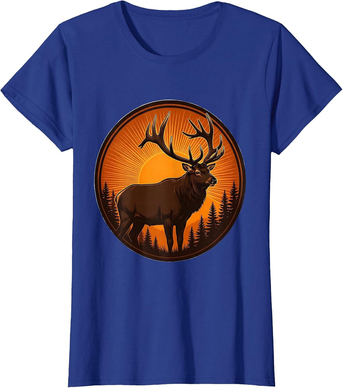 Women's Elk Silhouette Orange Sunset Fall Nature Design T-Shirt - Royal Blue
