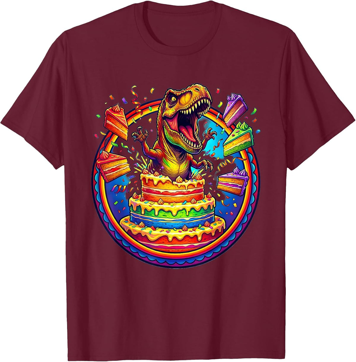 Men's Dinosaur Bursting Through Birthday Cake Graphic T-Shirt - Burgundy