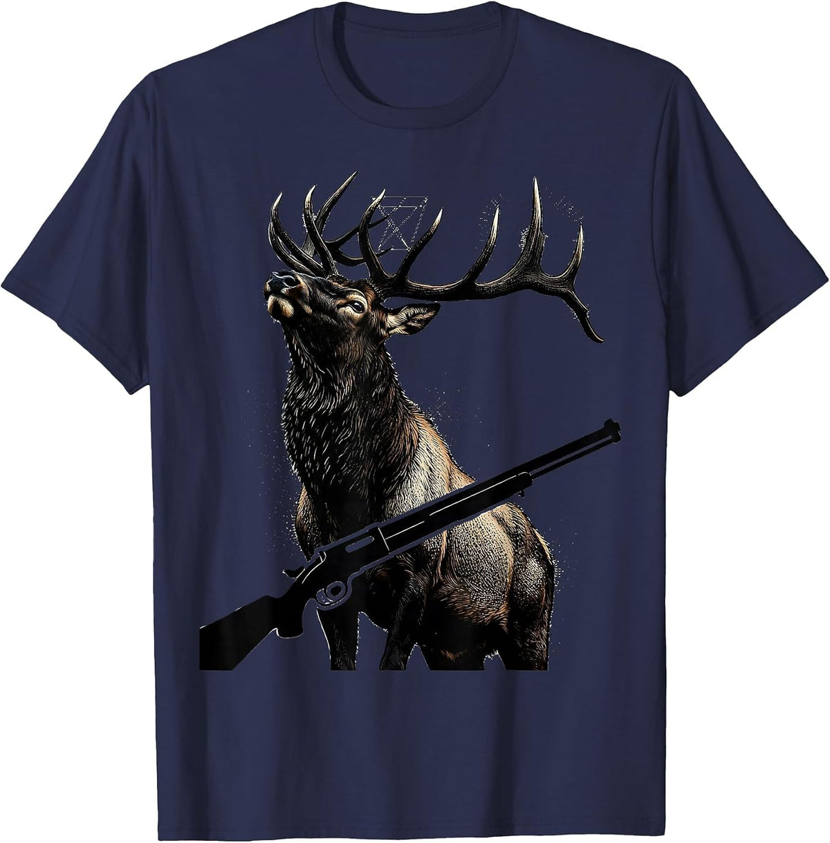 Men's Elk and Rifle 2nd Amendment Wildlife Art Design T-Shirt - Navy Blue