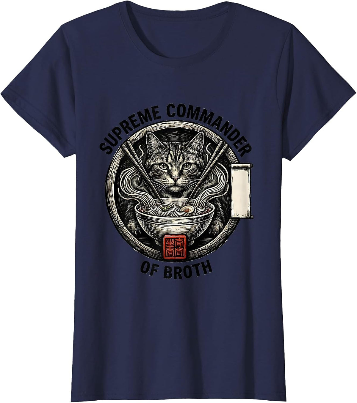 Women's Supreme Commander Of Broth Funny Cat Japanese Art Ramen T-Shirt - Navy Blue