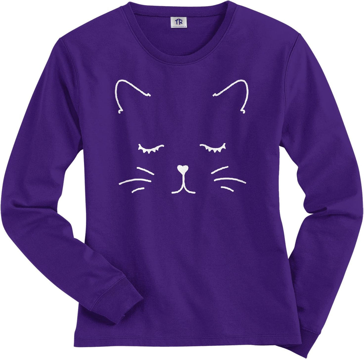 Threadrock Women's White Kitty Cat Face Long Sleeve T-Shirt - Purple