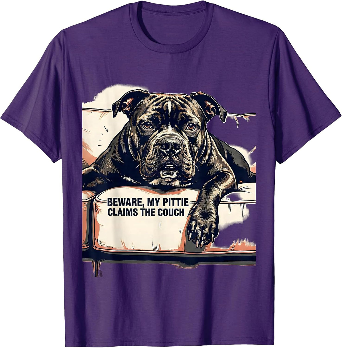 Beware, My Pittie Claims The Couch Funny Pitbull Dog Lover T-Shirt - Purple