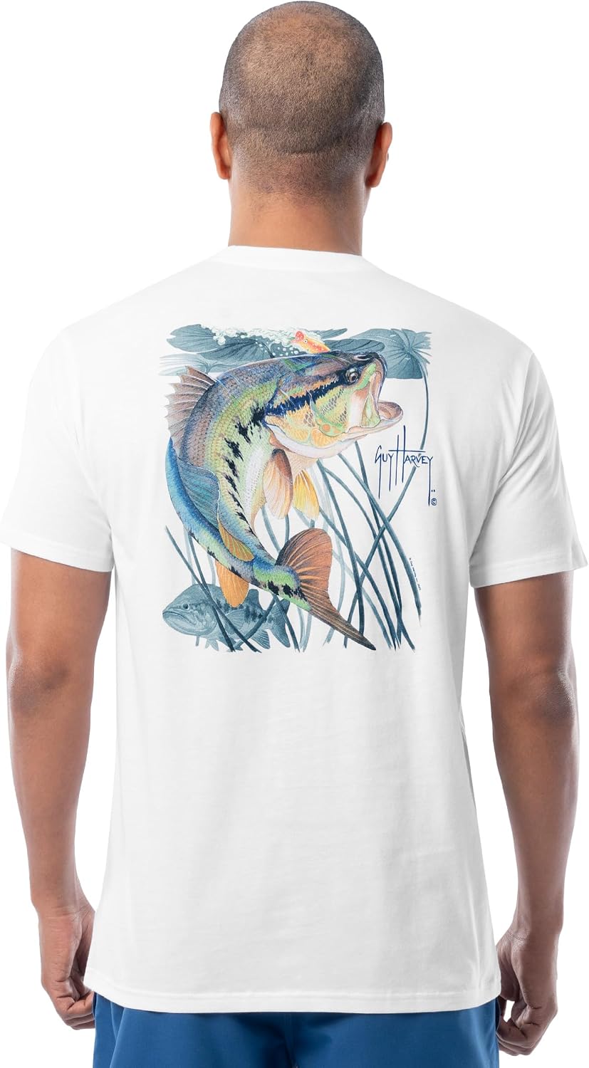 Guy Harvey Men’s Short Sleeve Lightweight Cotton Fishing Graphic T-Shirt - Bright White\/Lily