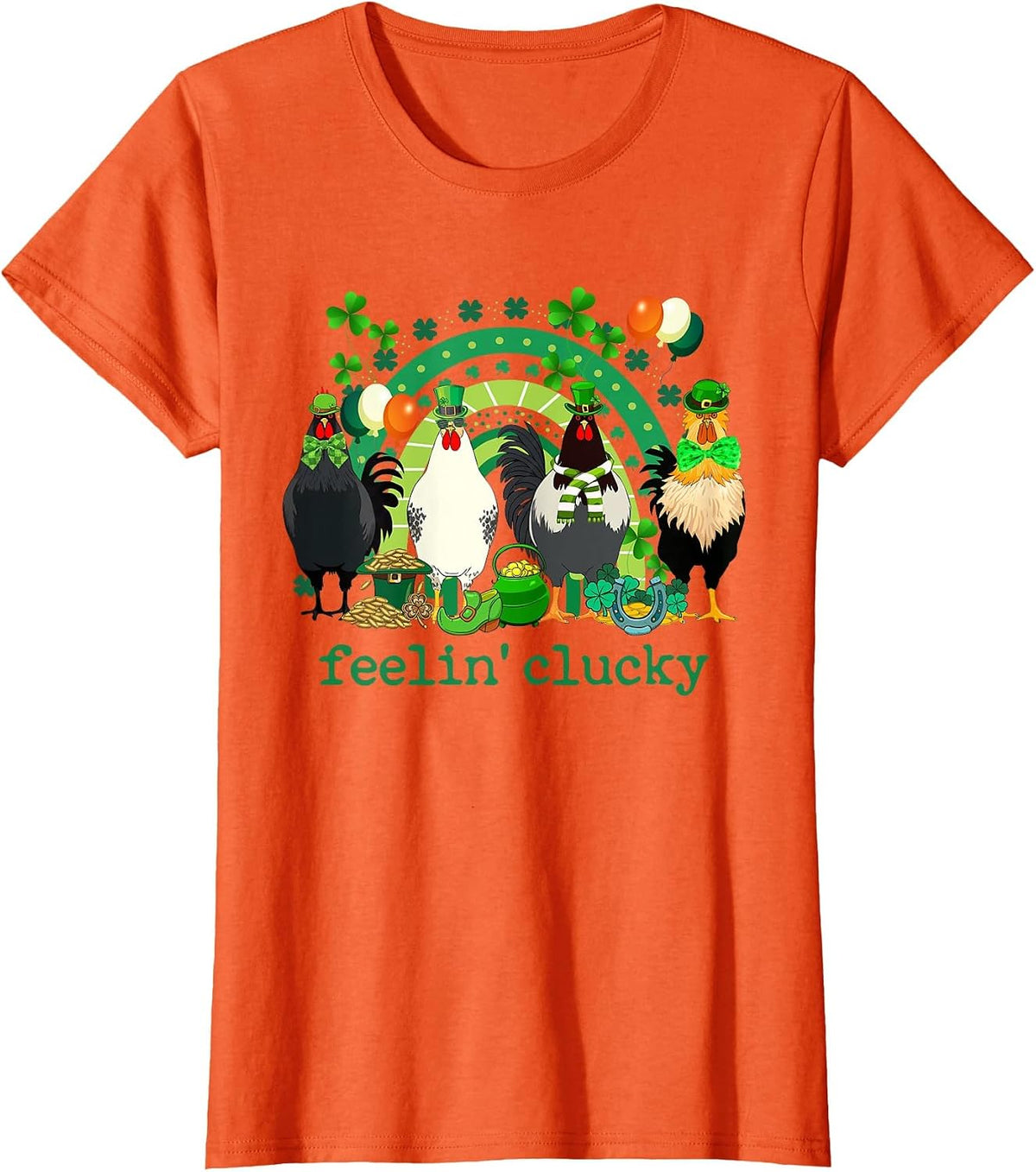 Feeling Clucky Chicken Rainbow Funny St Patricks Day Shamrock Tee T-Shirt - Orange