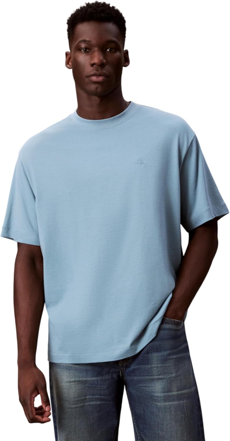 Calvin Klein Mens Relaxed Fit Monogram Logo Crewneck T-Shirt - Smoke Blue