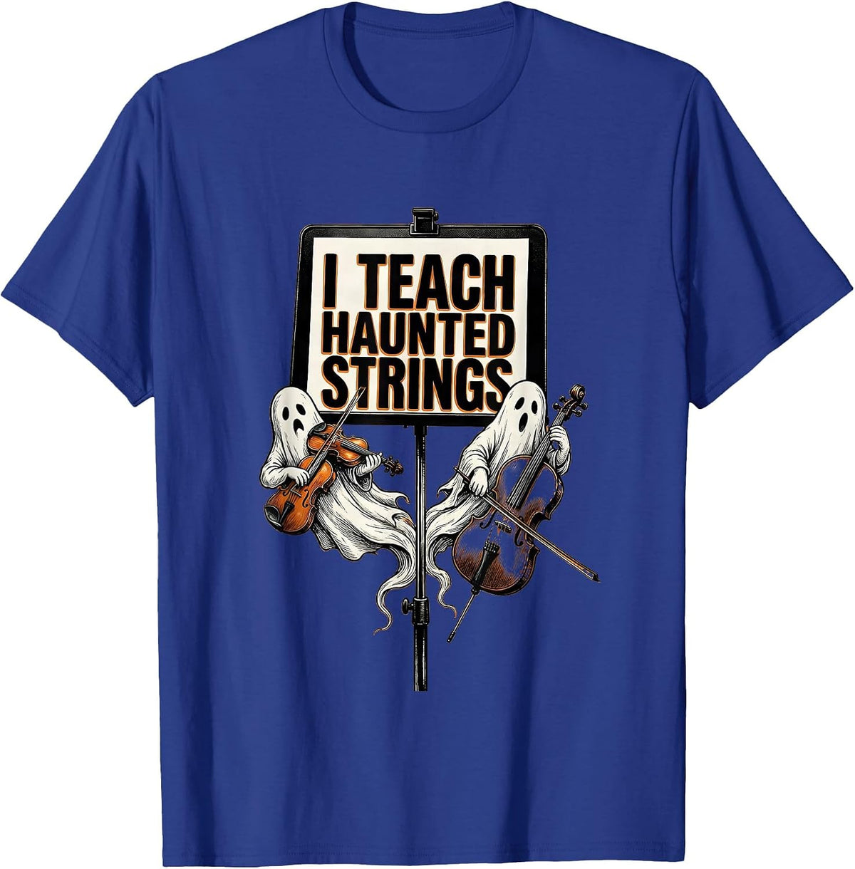 Men's I Teach Haunted Strings Funny Music Teacher Ghost Band T-Shirt - Royal Blue