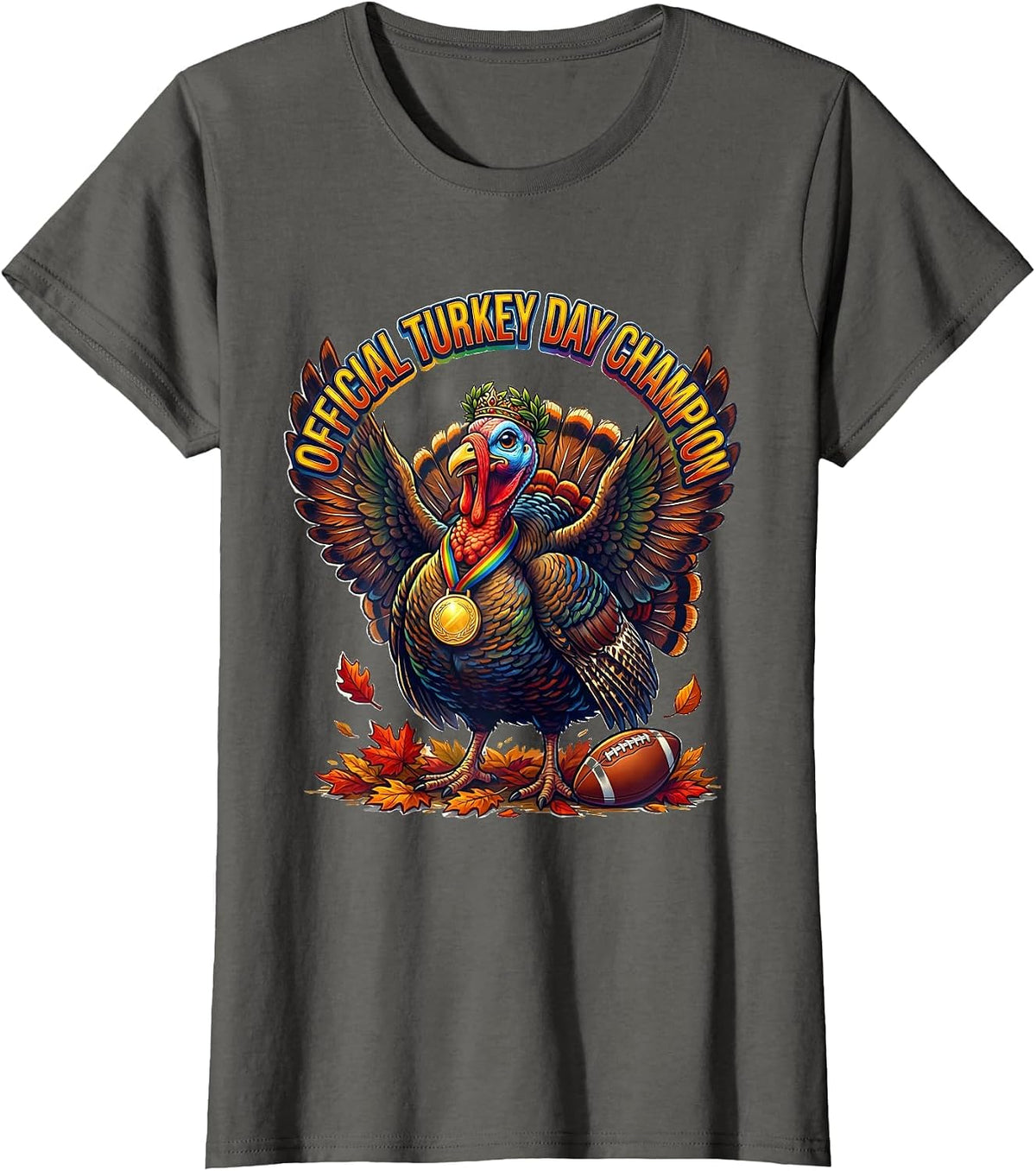 Women's Official Turkey Day Champion Thanksgiving Design T-Shirt - Asphalt Grey