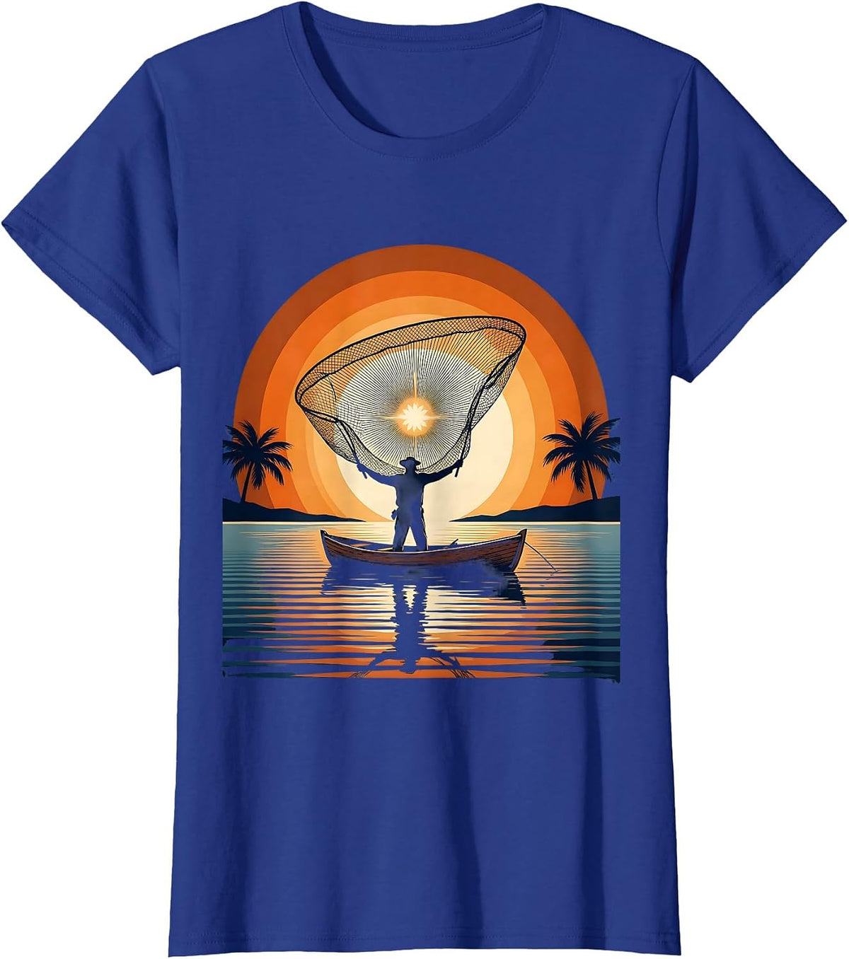 Women's Puerto Rico Fisherman Sunset Casting Net Art T-Shirt - Royal Blue