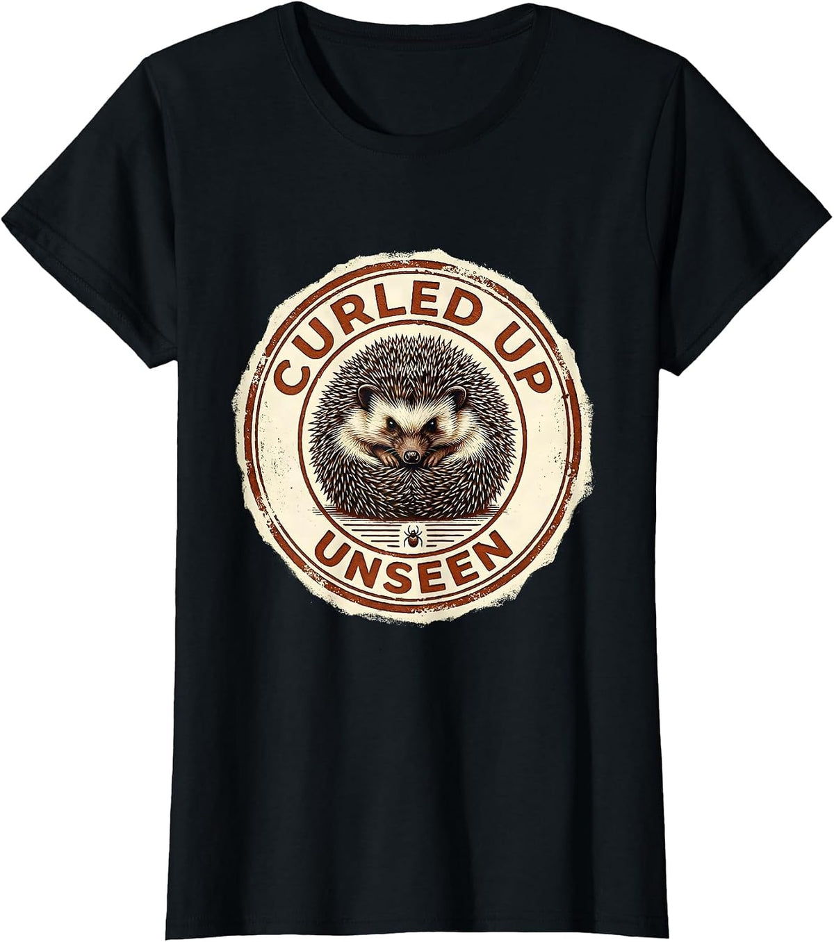 Curled Up, Unseen Rubber Stamp Hedgehog Lover Quirky Humor T-Shirt - Black