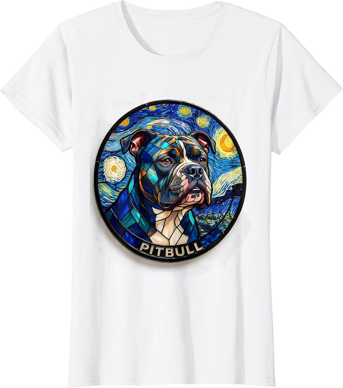 Pitbull Dog Van Gogh Style Starry Night Art Tribute T-Shirt - White
