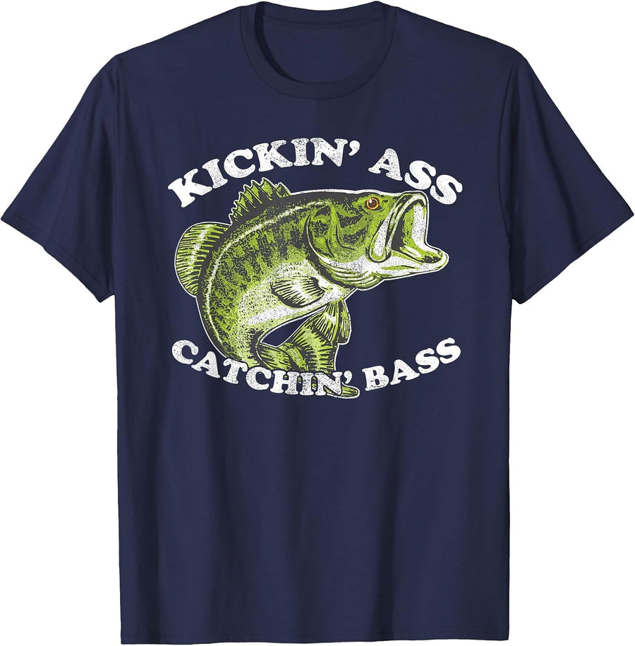 Kicking Ass and Catching Bass Funny T-Shirt - Navy Blue