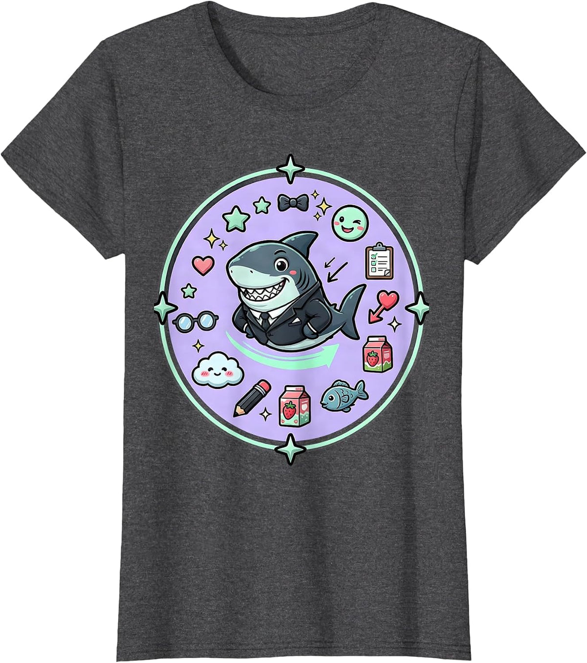 Women's Charming Shark in a Blazer Illustration T-Shirt - Dark Heather Grey