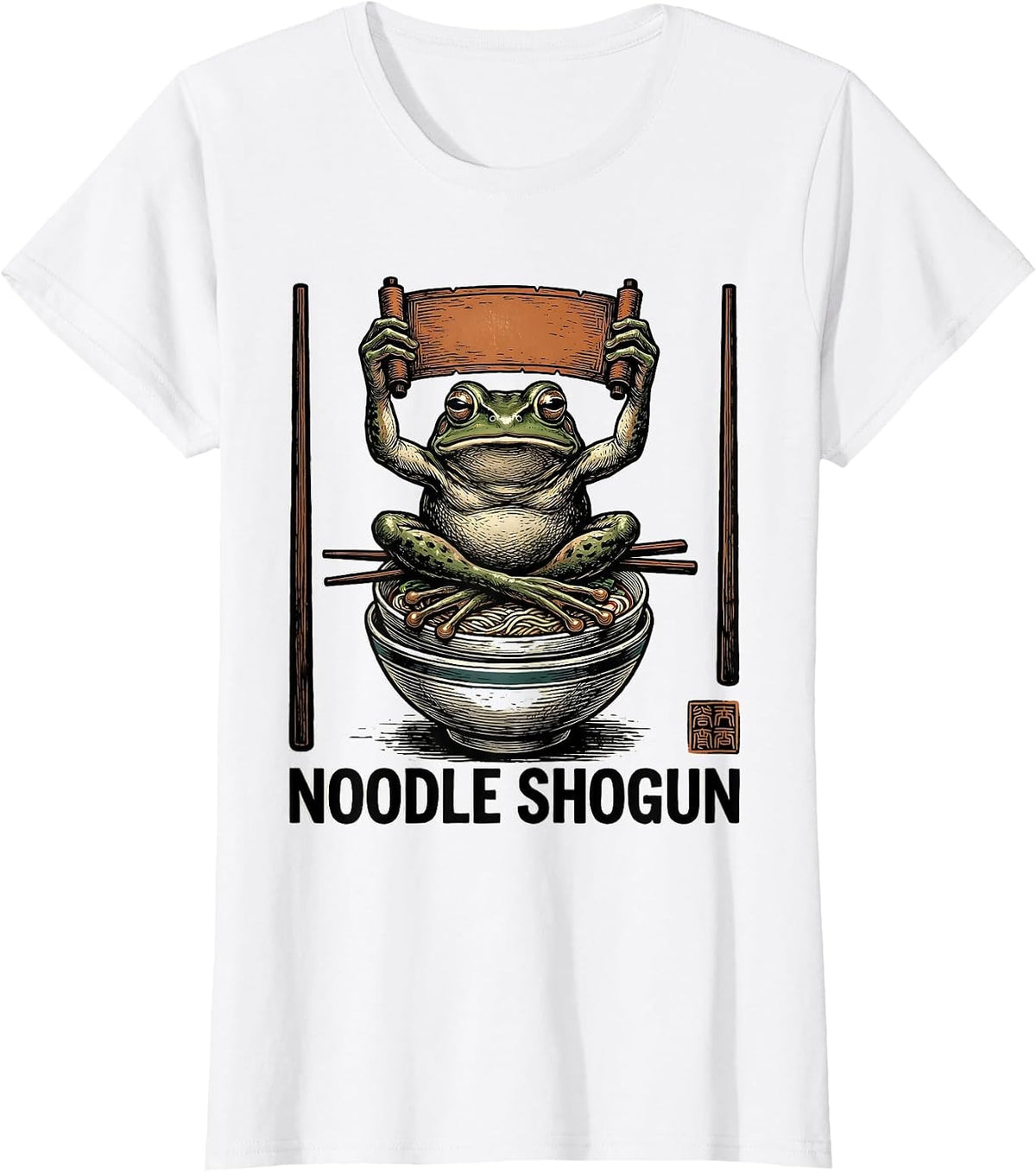Noodle Shogun Grumpy Frog Ukiyo-e Ramen Humor T-Shirt - White