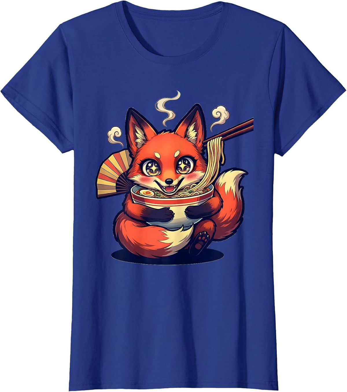 Women's Chibi Kitsune Ramen Anime Cute Animal Humor T-Shirt - Royal Blue