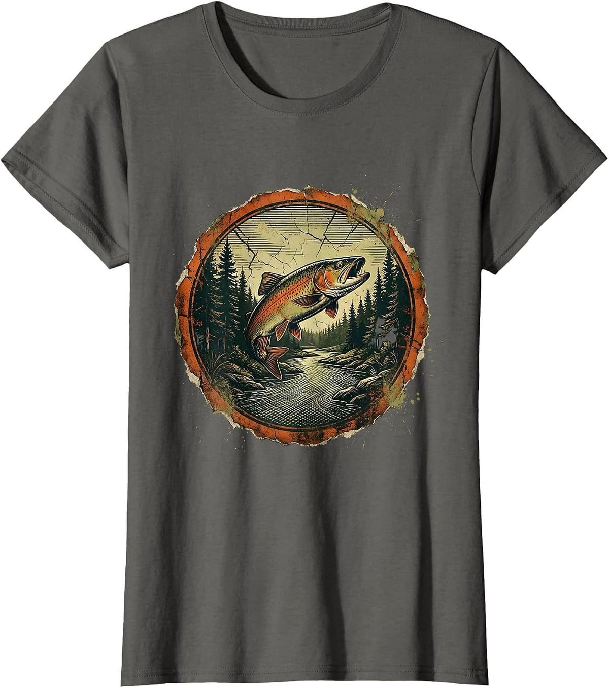 Women's Trout Stream Pine Forest Fly Fishing Illustration T-Shirt - Asphalt Grey