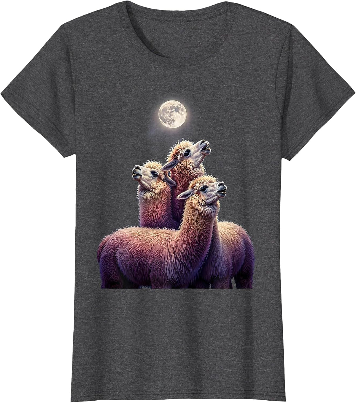 Women's Three Alpaca Moon Howling Absurd Meme Humor T-Shirt - Dark Heather Grey