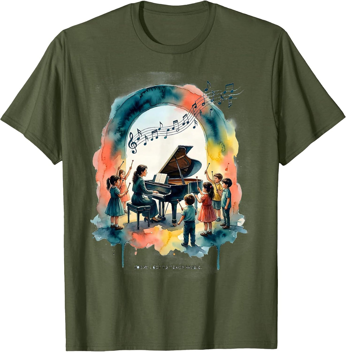 Men's Today I Get To Teach Music Watercolor Music Teacher Back T-Shirt - Olive Green