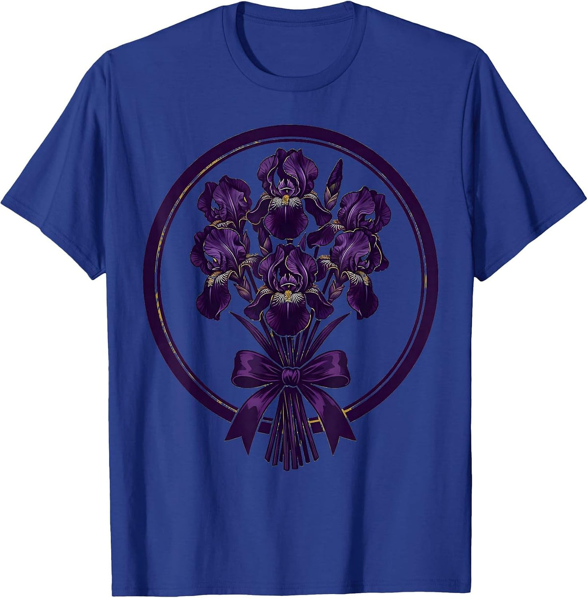 Mardi Gras Iris Bouquet Gold Ribbon Illustration T-Shirt - Royal Blue
