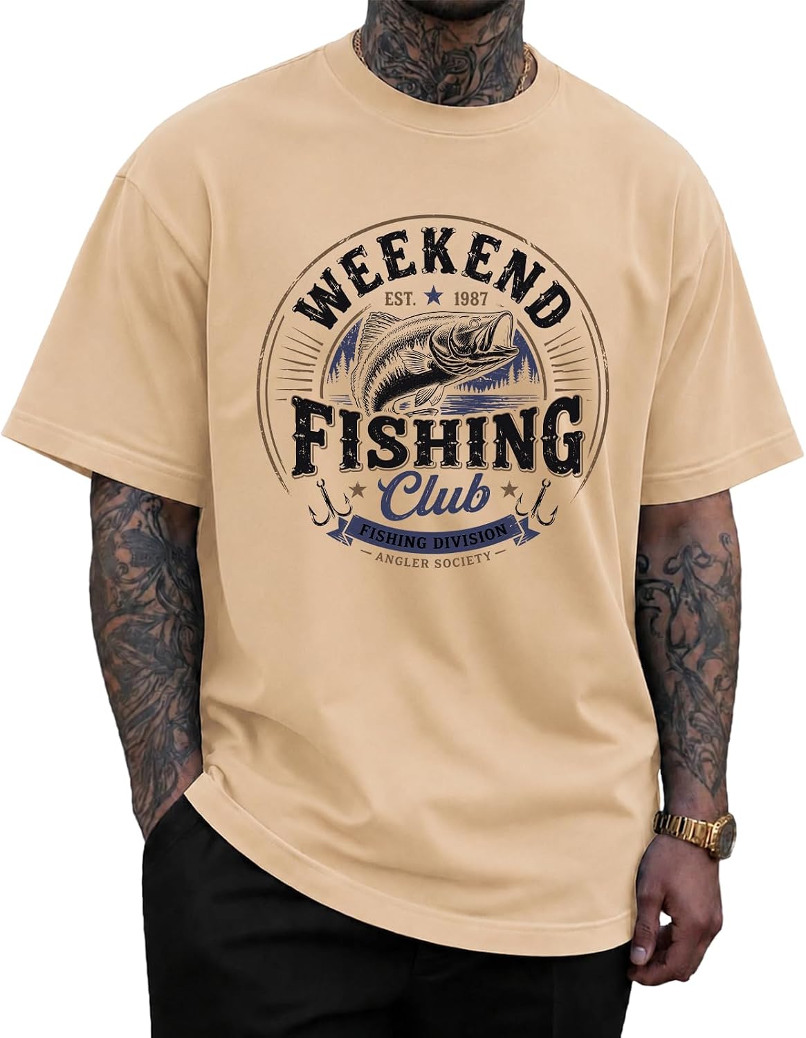 KUYIGO Men's Vintage Fishing Graphic T Shirt 100% Cotton Causal Tee - B3-khaki