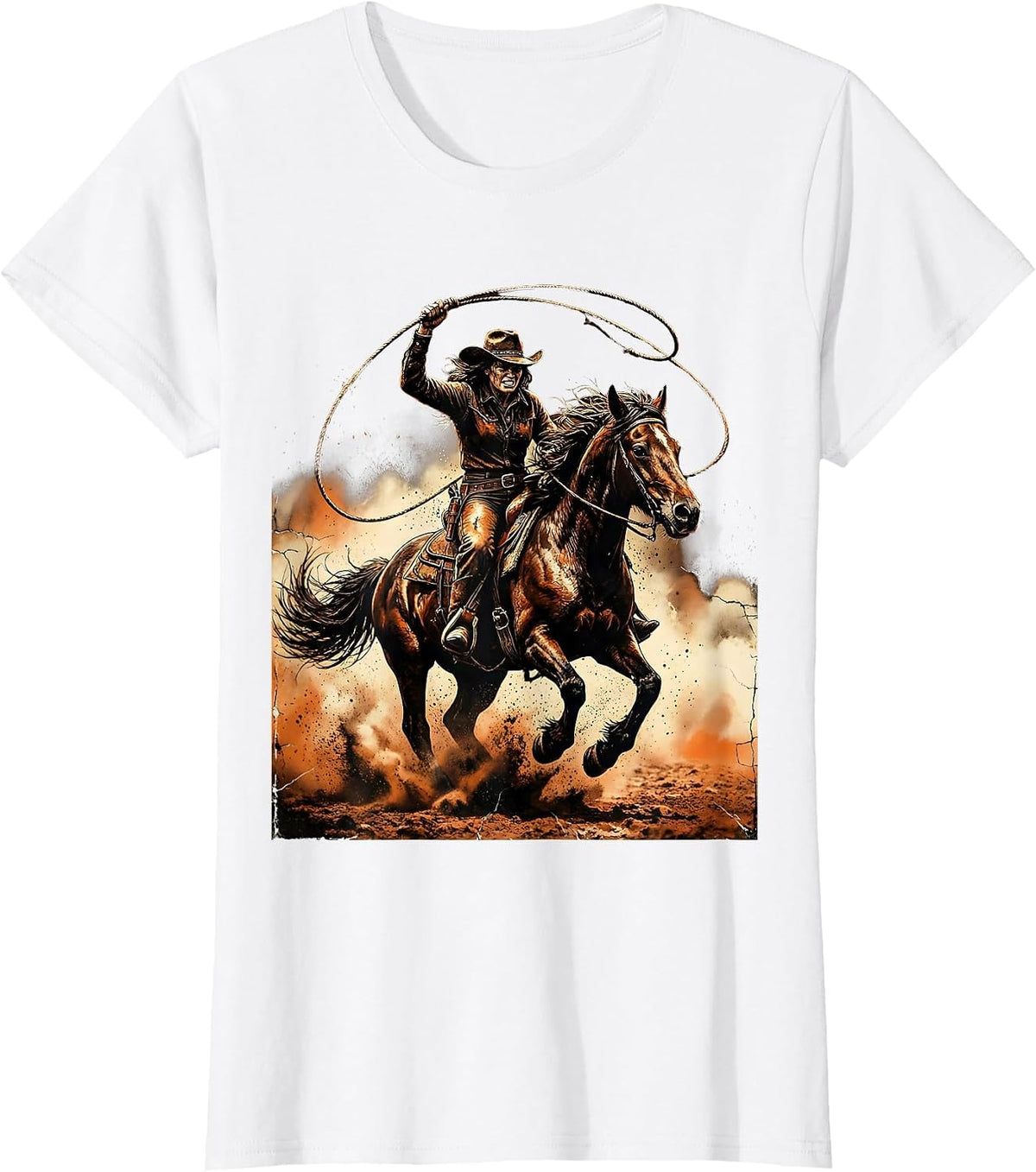 Cowgirl Lassoing Stallion Western Rodeo Graphic T-Shirt - White