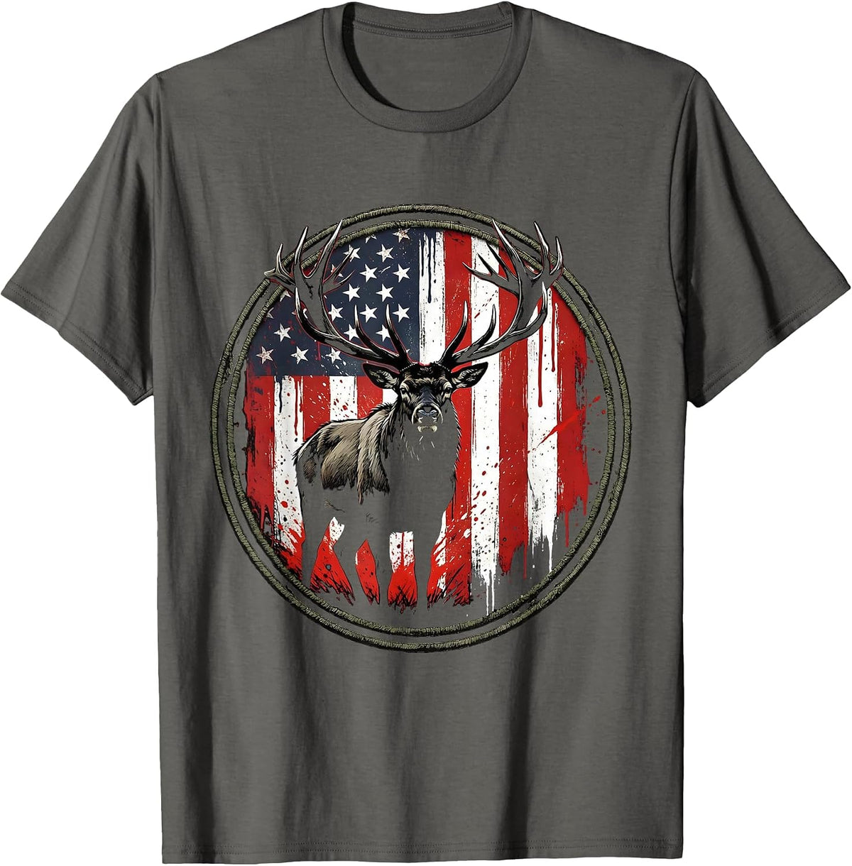 Bull Elk Meadow Sunrise Wildlife Illustration T-Shirt - Asphalt Grey