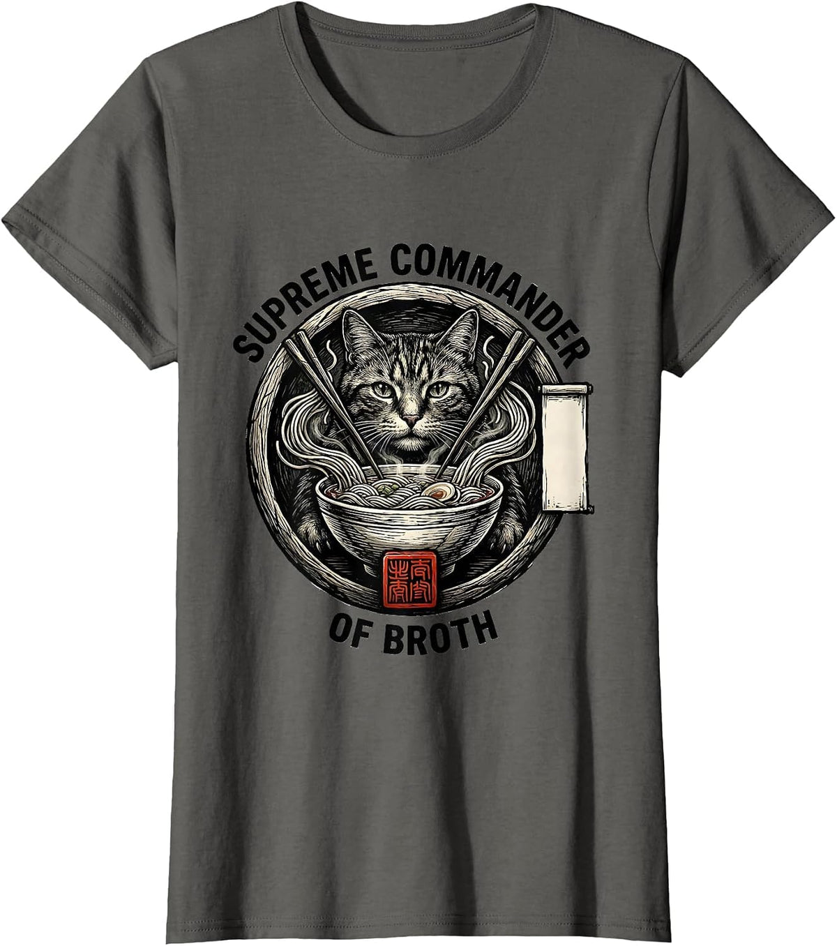 Women's Supreme Commander Of Broth Funny Cat Japanese Art Ramen T-Shirt - Asphalt Grey