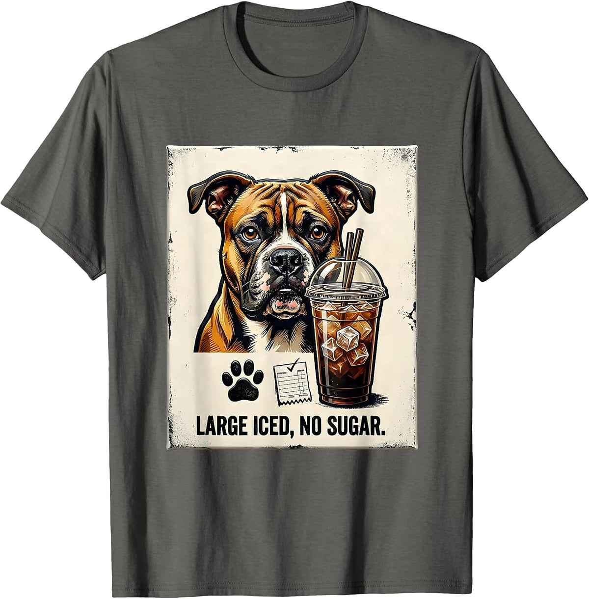 Men's Large Iced No Sugar Funny Pitbull Drinking Iced Coffee Meme T-Shirt - Asphalt Grey