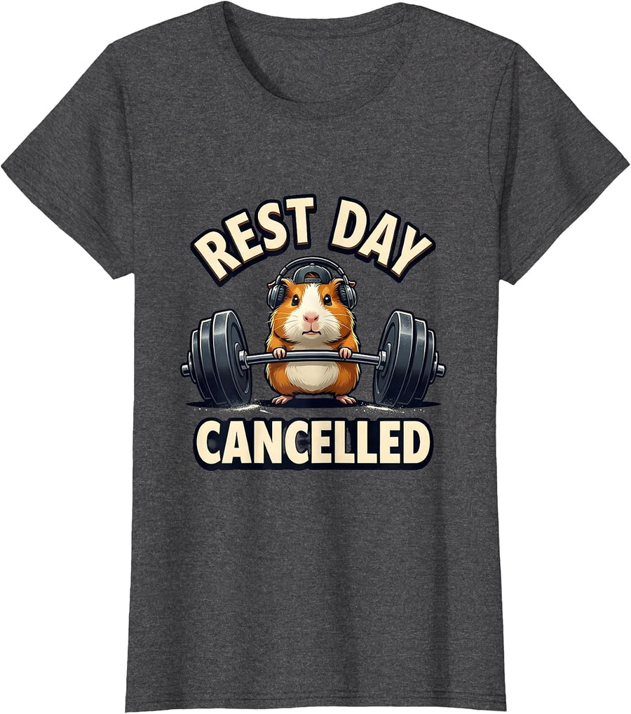 Women's Rest Day Cancelled Funny Guinea Pig Weightlifting Gym Meme T-Shirt - Dark Heather Grey