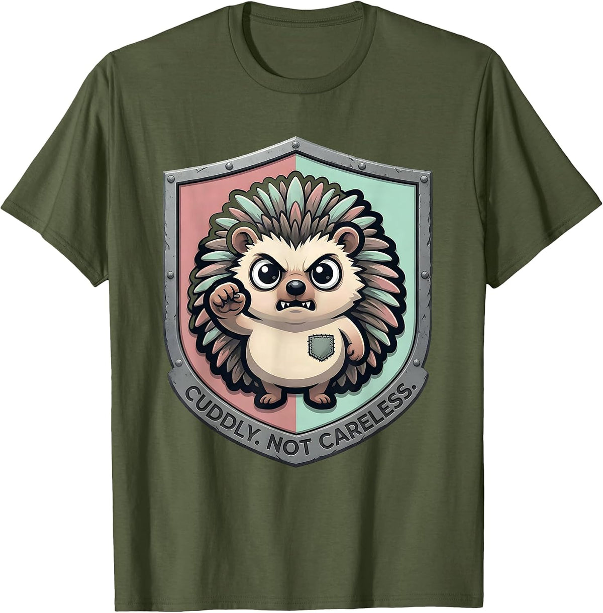 Men's Cuddly Not Careless Pastel Goth Kawaii Chibi Hedgehog Mascot T-Shirt - Olive Green