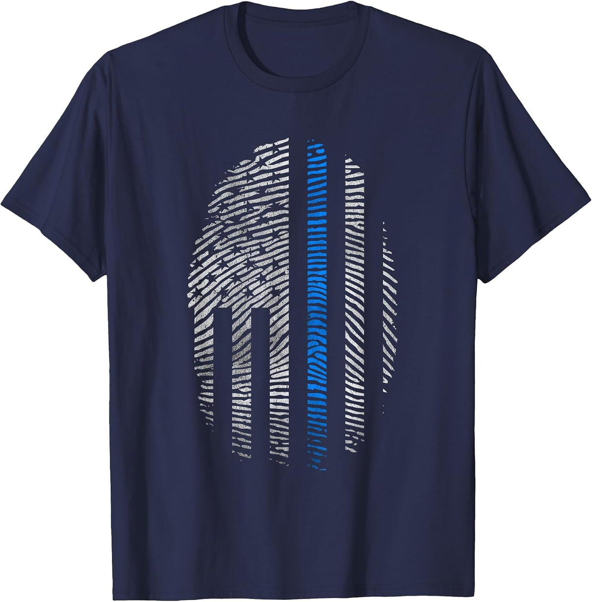 Law Enforcement Blue Line USA Flag T-Shirt Fingerprint Tee T-Shirt - Navy Blue